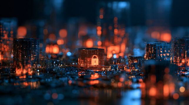 Future blockchain cybersecurity ecosystem digital cityscape concept illustration