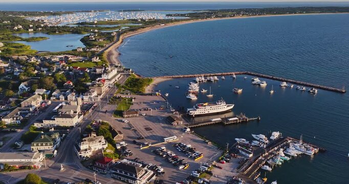 New Shoreham, RI USA - August 15, 2026 - Morning aerial video, panning motion, of Block Island's Old Harbor on a sunny summer day, 4096 x 2160, Frame rate 29.97 fps.