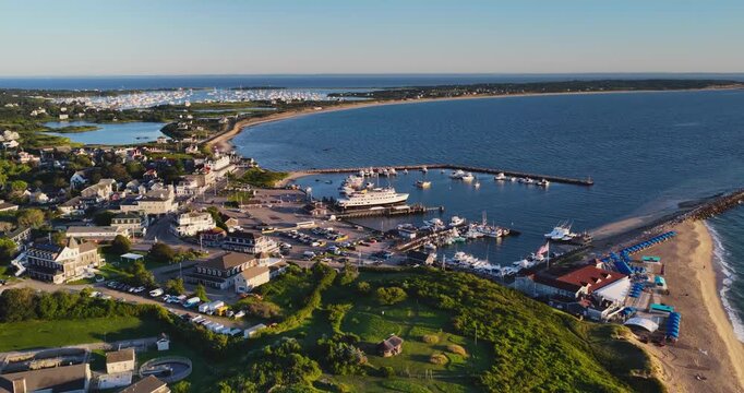 New Shoreham, RI USA - August 15, 2026 - Morning aerial video, forward dolly motion, of Block Island's Old Harbor on a sunny summer day, 4096 x 2160, Frame rate 29.97 fps.