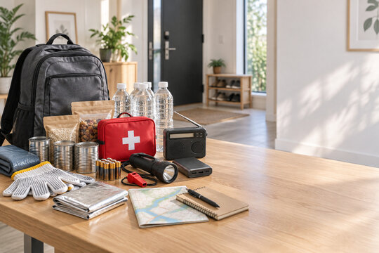 Emergency preparedness kit with go bag and essential supplies at home