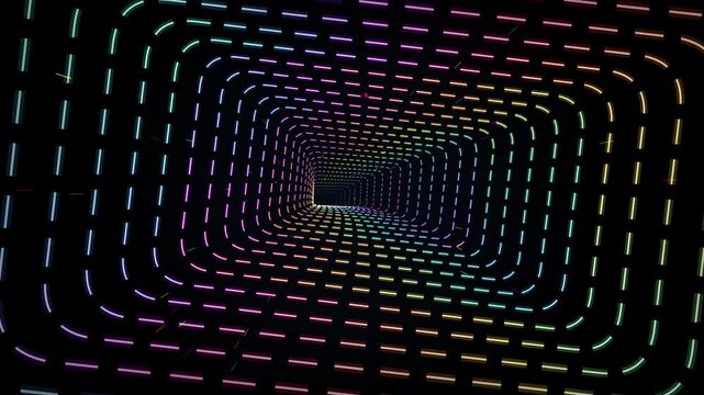 Futuristic neon tunnel of glowing dashed lines, abstract digital wormhole with rainbow gradient light, high-tech motion background for music visuals