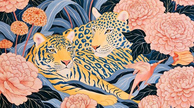 detailed acrylic painting of harmonious flora and fauna