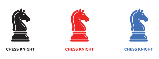 Chess knight icon set in black red and blue colors with chess piece © Qureshi