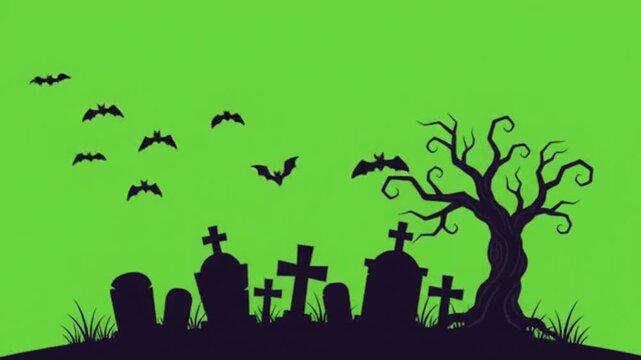 Spooky halloween graveyard silhouette illustration with flock of bats flying over ancient tombstones and creepy twisted dead tree on green background