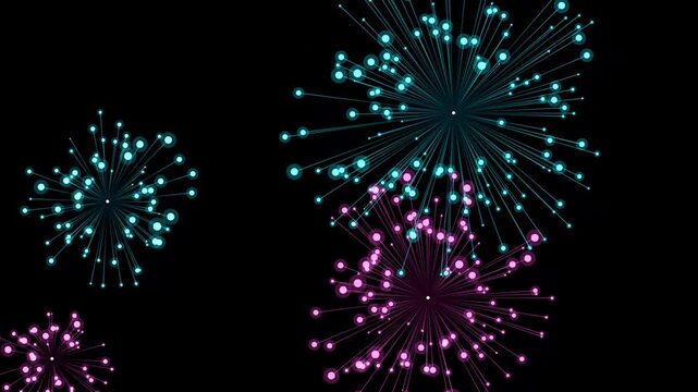 Abstract digital fireworks animation, glowing turquoise and purple light bursts on black background, futuristic celebratory pyrotechnics display