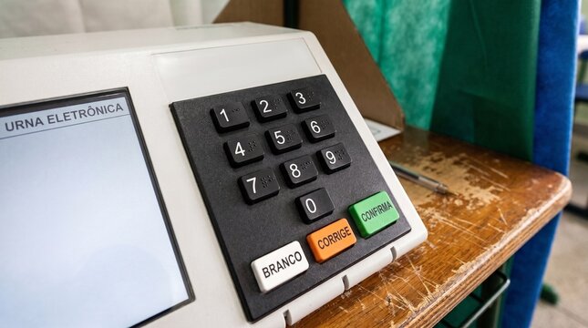 Close up of an electronic voting machine keypad and screen with Braille