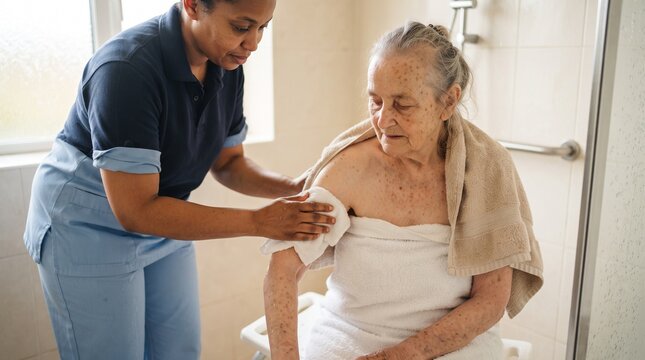 Elderly Healthcare Worker Assisting With Washing
