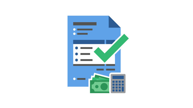 Financial accounting illustration with a paid invoice checkmark cash and calculator for budget management