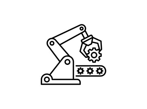 Industrial robotic arm assembly line icon for manufacturing and automation technology concepts