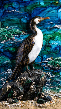 Tactile Luxury Masterpieces - Bronze And Marble Cormorant Perched On Barnacled Rock Against Fluid Resin Silver Wave Ocean Background.