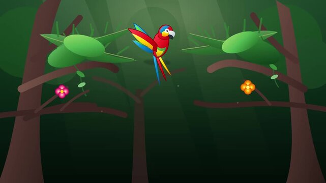 Colorful Macaw Parrot Animated In Tropical Jungle Forest