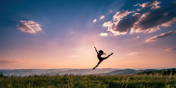 A graceful dancer leaping in the air against a sunset sky with rolling hills and a grassy field