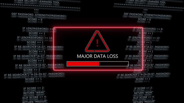 Major data loss warning alert with red progress bar and cyber security programming code background, for digital threat, detection, network breach, notification, and critical, system failure concept