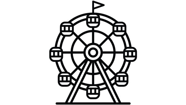 Minimalist ferris wheel icon featuring bold black outlines for modern carnival entertainment or theme park designs