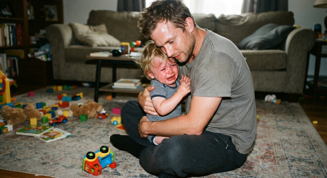Exhausted father holding and comforting his crying toddler son in a messy living room