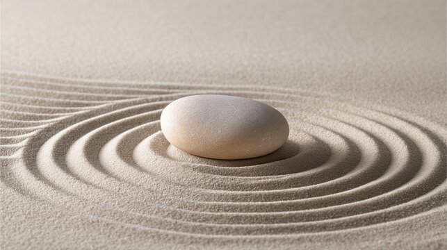 AI生成した、砂の上に描かれた同心円と流れる砂紋にたたずむ石の静寂な背景素材