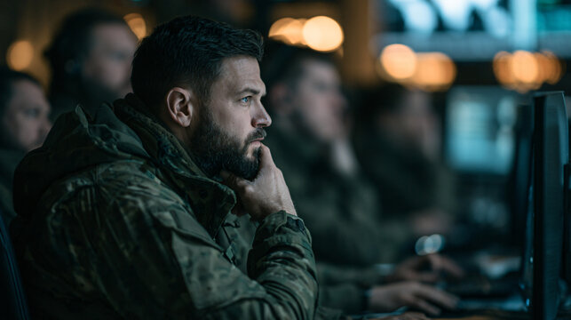 Focused military personnel working at computer terminals in a secure operations center