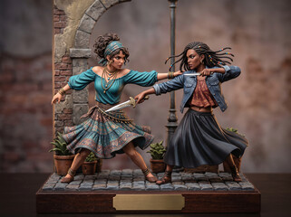 Obraz premium high-stakes, close-quarters street duel between two women armed with daggers