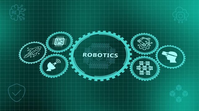 Industrial robotics and automation tech background with mechanical gear icons on a green digital grid.