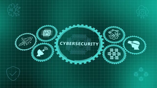 Cybersecurity and digital network protection animation with gear mechanism icons on a green tech grid background.