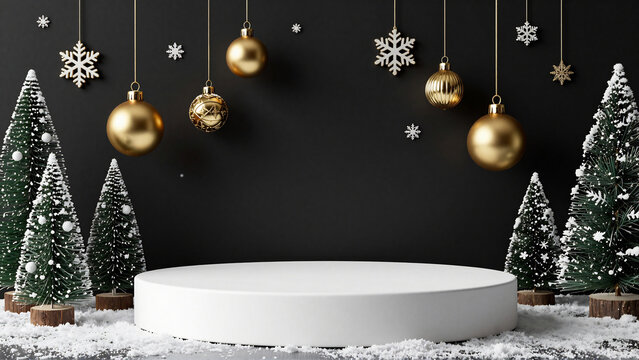 Elegant Christmas Pedestal Display with Golden Ornaments and Trees