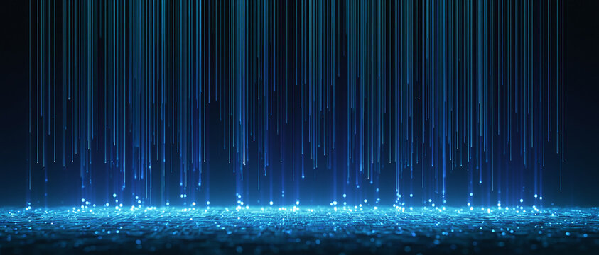 Abstract background featuring glowing blue light rays falling down onto a dark textured surface representing digital data flow and modern technology connection in a dark space