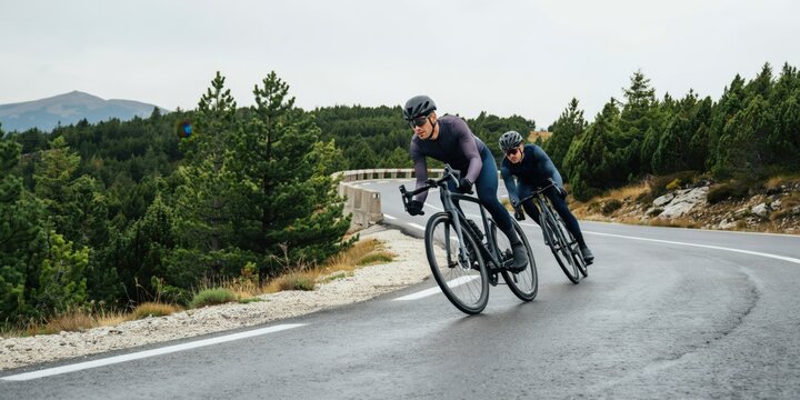 Two cyclists speeding around a curved mountain road on bicycles, leaning into the turn