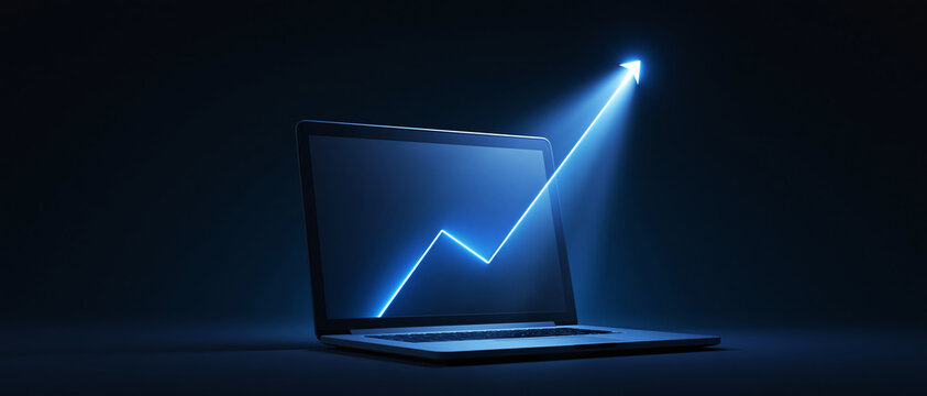 A glowing blue arrow chart rises from the screen of an open laptop representing business growth and success in a dark digital environment