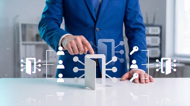 Businessman touching a digital door icon representing network access and security in an office