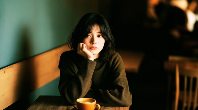 A young woman resting her chin on her hand and lost in thought at a caf&eacute; table