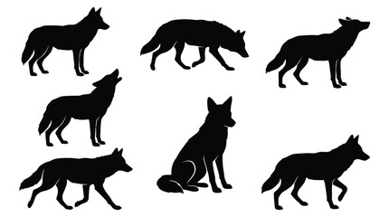 Fototapeta premium Black silhouettes of diverse wolves standing and sitting in various graceful poses on white background