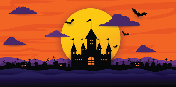 Halloween Haunted Castle Silhouette with Full Moon , Vector design