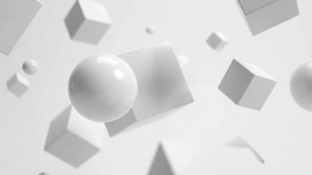 Minimalist white 3D abstract geometric shapes background with floating cubes and spheres in clean modern design