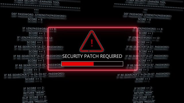 Cyber security alert warning interface featuring a critical security patch required notification with a red progress loading bar overlaid on a scrolling digital background, of complex python