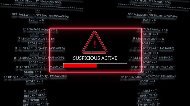 Cyber security alert warning interface featuring a suspicious active system notification with a red progress loading bar overlaid on a background, of scrolling python, programming code for digital