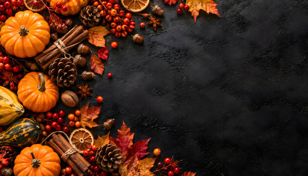 黒い背景にカボチャと紅葉を配置した秋のコピースペース