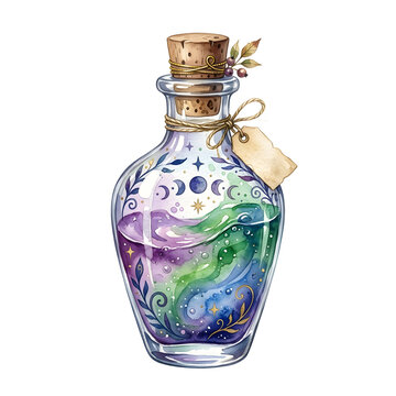 Mystical magic potion bottle with cork, watercolor fantasy elixir jar with celestial moon symbols, decorative glass apothecary vial for gaming and occult design