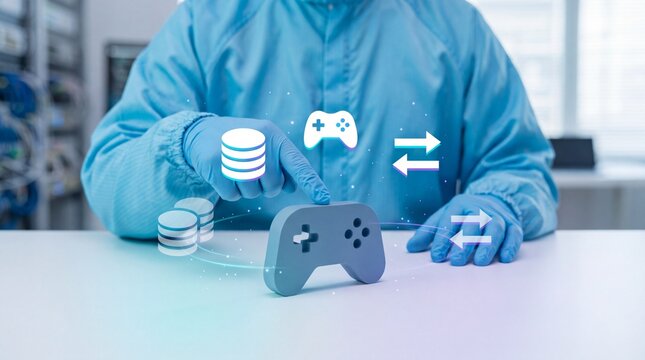 A technician in a blue suit interacts with a digital gaming controller with surrounded digital icons