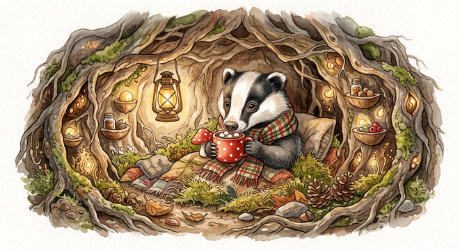 Whimsical Baby Badger Drinking Hot Cocoa from Mushroom Mug in Tree Root Den