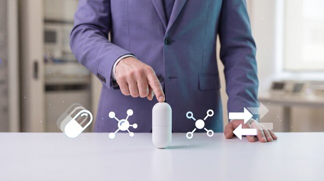Business person touching a digital capsule icon on a white table in an office with interacts digital