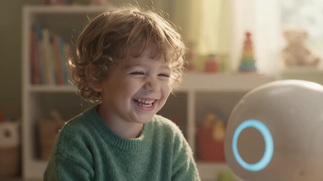 Child playing with cute interactive companion robot in a bright nursery room