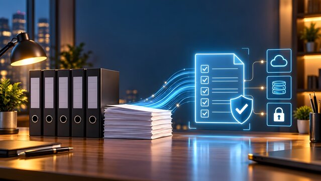 Physical office documents converting into secure digital files connected to cloud storage and encrypted databases