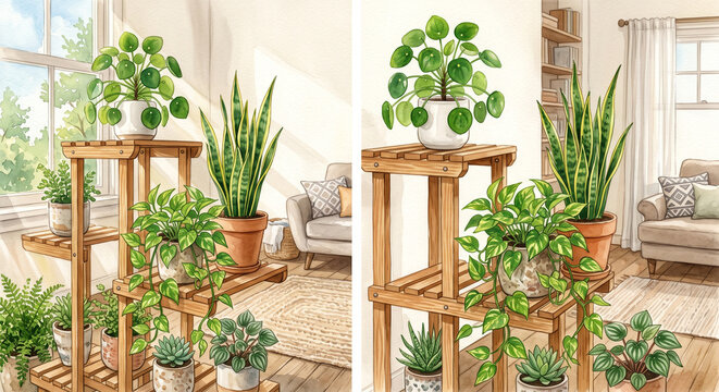 Cute Urban Jungle Wooden Plant Shelf with Pilea Snake Plant and Trailing Pothos