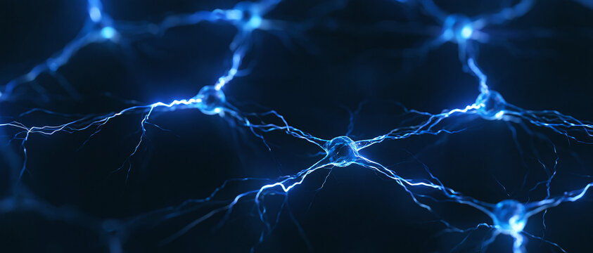 A close up view of glowing blue neural network connections representing artificial intelligence and data transmission within a digital brain structure on a dark background