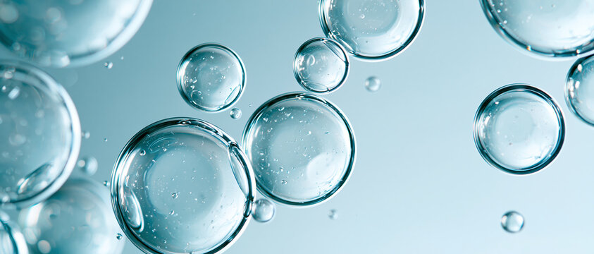 Clear liquid bubbles float in a blue water background showing a fresh and clean texture for scientific or cosmetic concepts