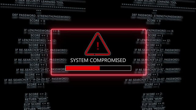 Cyber security system compromised warning alert with red glowing digital warning sign and scrolling python programming code background, for network hacking, data breach, and, information technology