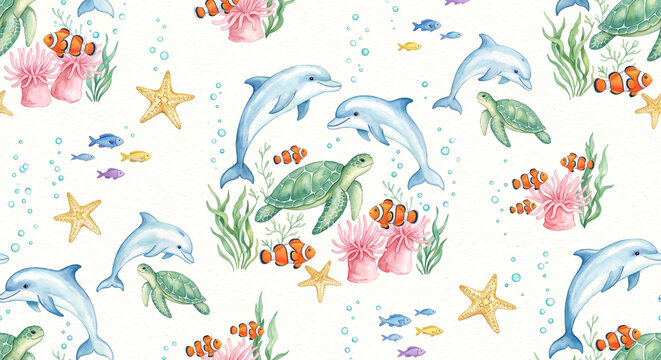 Seamless Watercolor Marine Life Pattern with Dolphins Sea Turtles and Starfish