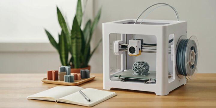 3d printer in action with a spool of filament printing a geometric model on a wooden table with a notebook