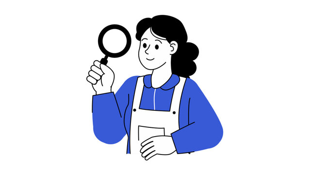 A flat vector illustration of a woman using a magnifying glass to investigate something, symbolizing discovery, analysis, and detail-oriented research in space exploration
