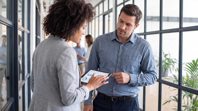 Business colleagues discuss data analytics presented on a digital tablet in a brightly lit corporate office corridor with black glass partitions.